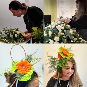 A collage of 4 different images. Two of these show students in deep concentration as they produce floristry displays. The other two images showcase two models wearing bright, vibrant floral headpieces.
