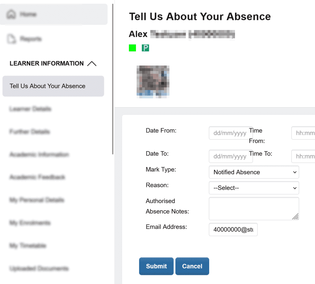 An image showing a screenshot of the form to report an absence on the student ProPortal system.