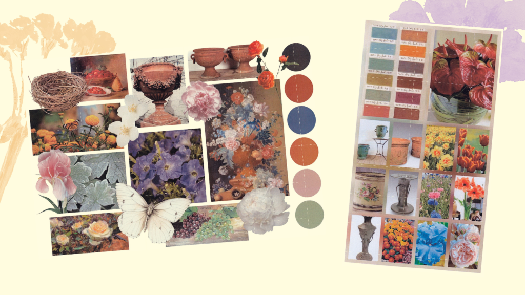Initial sketches, mood boards and inspiration for the tablescape inspired by the painting by Jan Van Huysym.