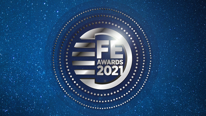 A stylised circular logo featuring text that says FE (Further Education) Awards 2021