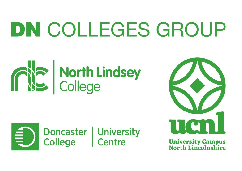 Collage of logos all stylised in green colours. The logos are DN Colleges Group, Doncaster College, North Lindsey College, and University Campus North Lincolnshire