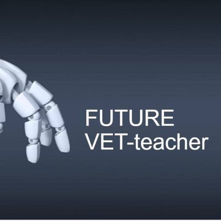 A graphic featuring a robotic looking hand, and text that says FUTURE VET-Teacher