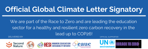 Image containing text which states 'Official Global Climate Letter Signatory - We are part of the Race to Zero and are leading the education sector for a healthy and resilient zero carbon recovery in the lead up to COP26'