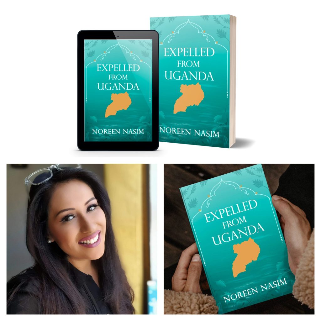 A collage of images showing a photograph of author, Noreen, with the cover of her book which features a yellow/gold shape of the Uganda map outline, on an emerald green background.